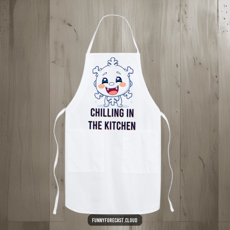 Funny apron with a shivering snowflake character, chattering teeth, perfect for adding a humorous and chilly touch to kitchen activities.