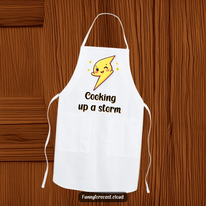 Funny apron featuring a lightning bolt character zipping with a wink, perfect for adding a touch of speedy humor to kitchen tasks.
