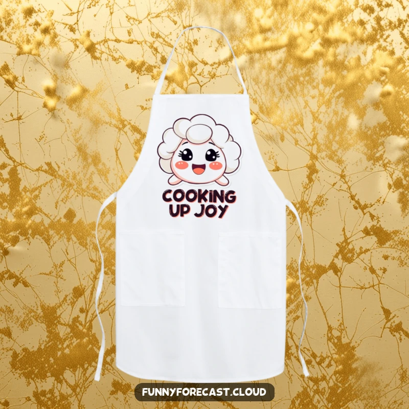 Funny apron with a cloud character sporting a very big, surprised, happy smile. Cheerful kitchen wear.