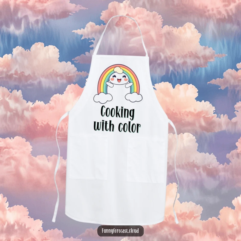 Funny apron with a cheerful smiling rainbow character, perfect for adding a touch of colorful humor and joy to cooking.