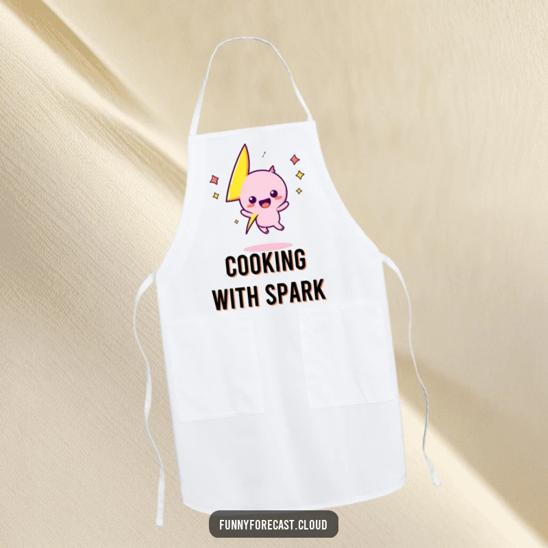 Funny kawaii lightning bolt character zigs and zags with cooking excitement on this practical apron, a truly funny gift.