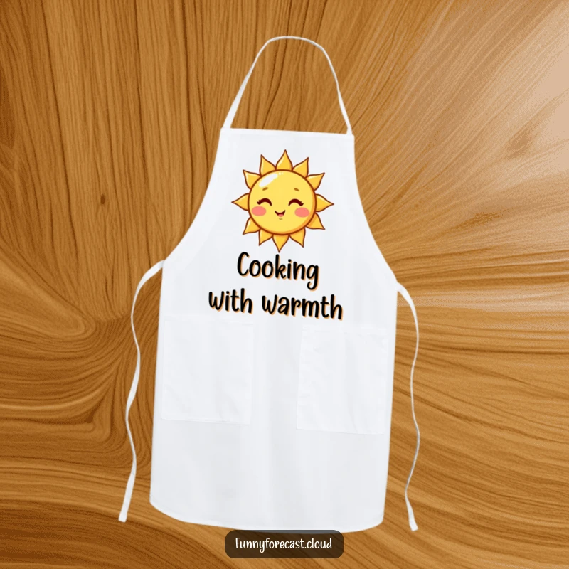 Funny cute kawaii sun character winking playfully, casting a beam of light. A humorous and practical apron.