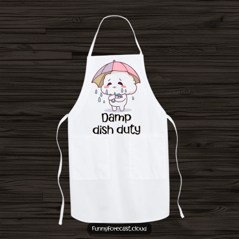 Funny Apron: A cute cloud character sweating and holding a tiny umbrella, great for cooking.