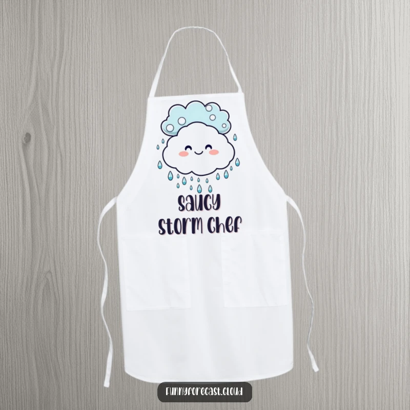 Funny apron: A smiling cloud presiding over a playful dance of happy raindrops, ideal for kitchen fun.