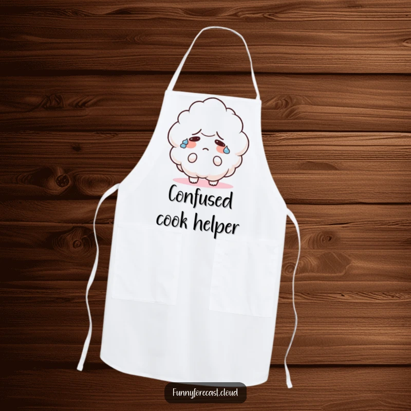 Funny apron showing a cute cloud character sweating heavily and looking confused, ideal for kitchen humor and relatable cooks.