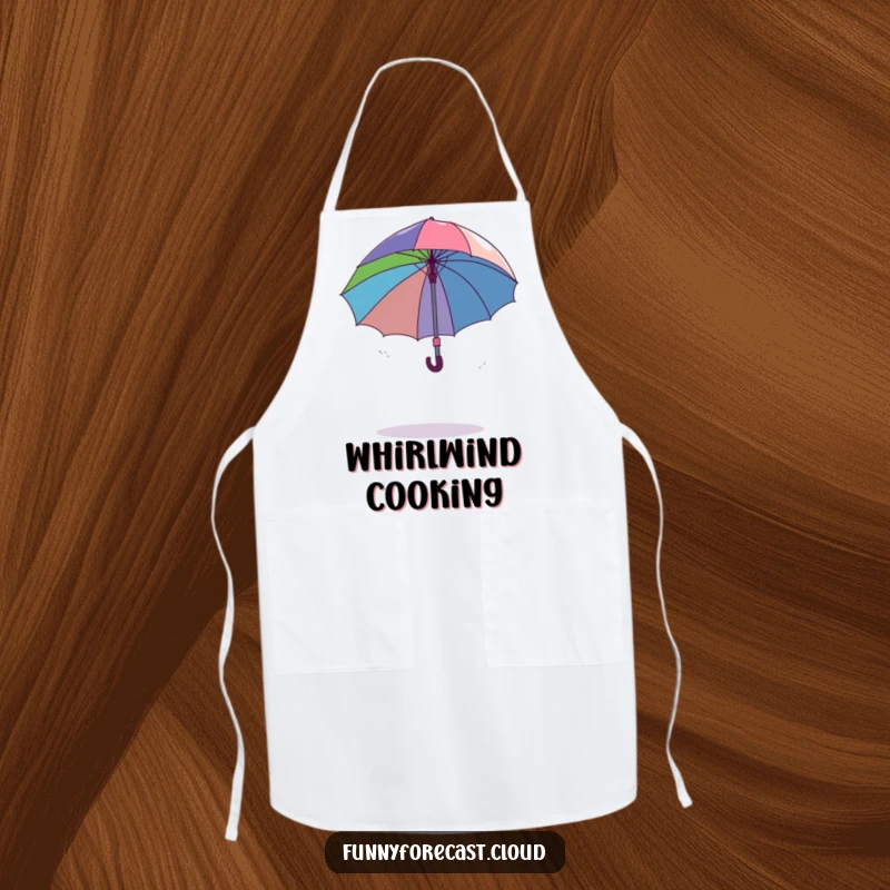 Funny dancing umbrella comically spinning out of control in a gentle breeze, a humorous apron for cooking.