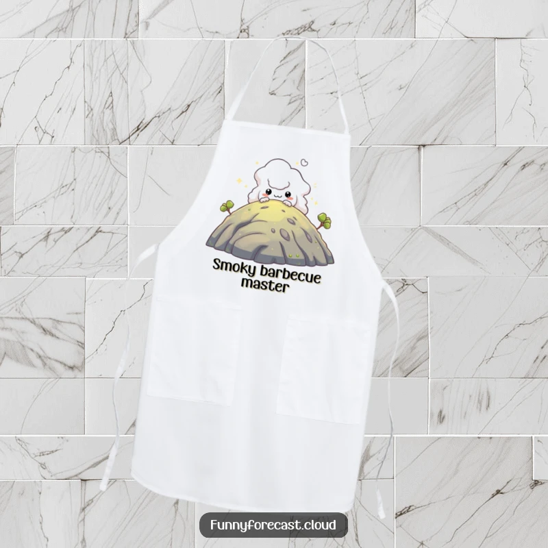 Funny apron: A sneaky fog creature peeking from behind a hill, adding playful mystery to the kitchen.