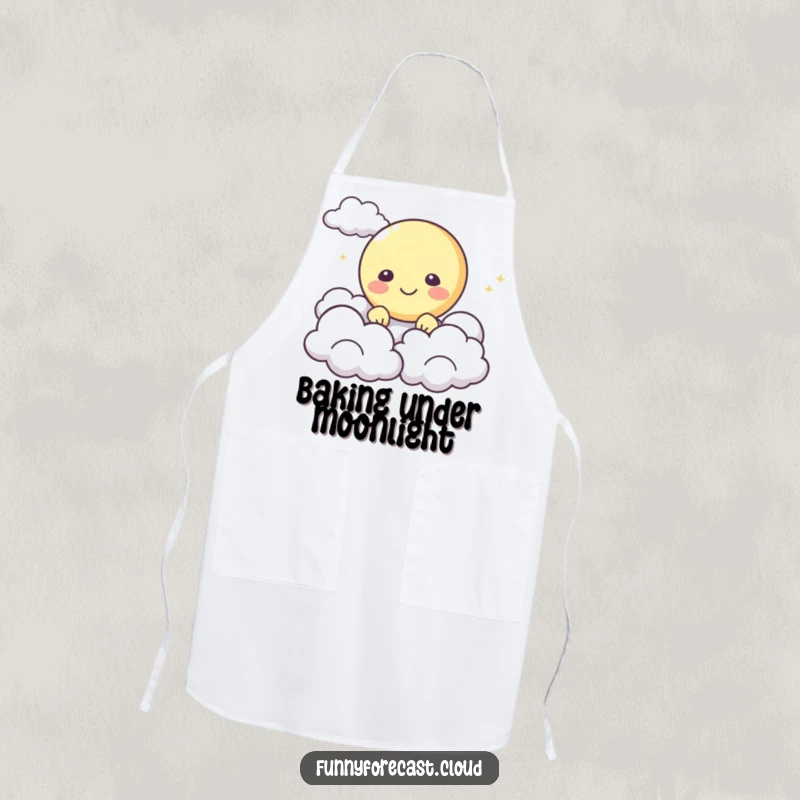 Funny Apron: A happy moon character peeking from behind fluffy clouds, adding celestial humor to kitchen wear.