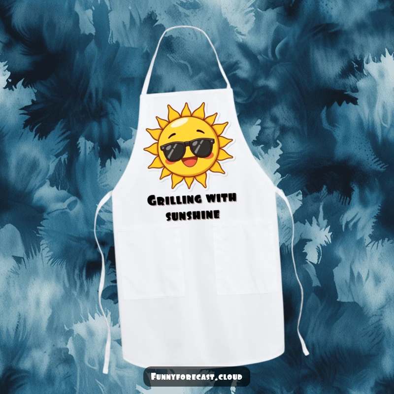 Funny apron showing a sun character wearing sunglasses and beaming with exaggerated joy, ideal for kitchen cheer and happy cooks.