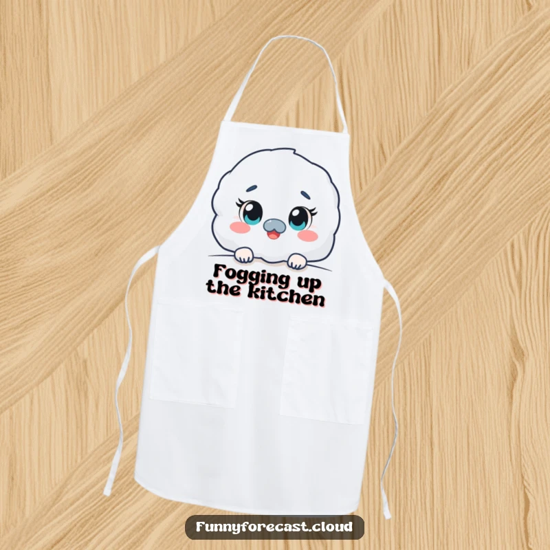 Funny kawaii fog character apron, peeking out with curious eyes in a kitchen setting, humorous and practical accessory.