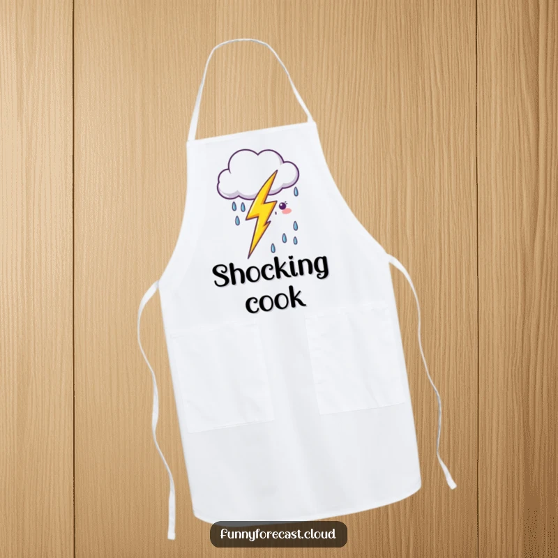 Funny kawaii lightning bolt zapping near a smiling cartoon rain cloud, featured on a practical and charming kitchen apron.