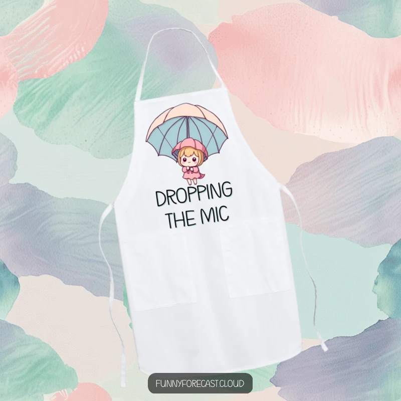 Funny Kawaii Parachute Apron showing a character using an umbrella as a parachute, perfect for kitchen protection and humor.