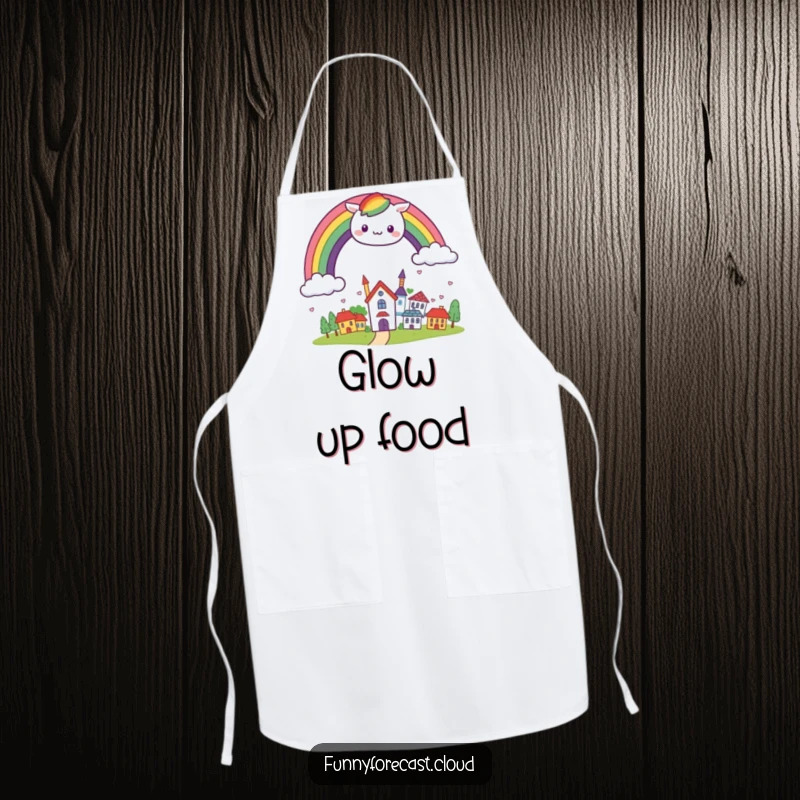 Funny kawaii rainbow arching cheerfully over a small, smiling town, featured on a cute and functional kitchen apron.
