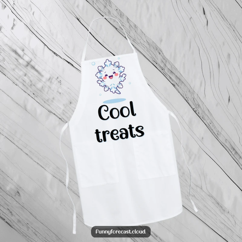 Funny kawaii snowflake character doing a happy dance, spinning in the air on a cute and functional apron.
