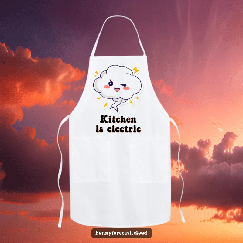 Funny apron featuring a cute thundercloud character winking, with playful lightning bolts zipping around, perfect for kitchen use.