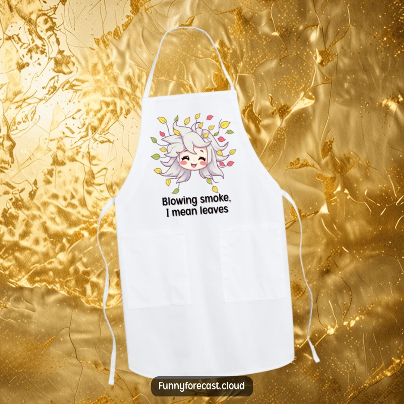 Funny apron featuring a smiling wind character playfully blowing a cascade of swirling leaves, perfect for kitchen fun.