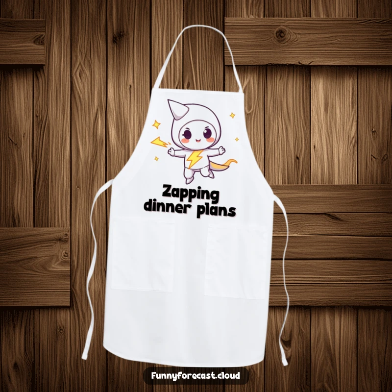 Funny lightning bolt character zipping with a playful streak, a practical and humorous apron for culinary enthusiasts.