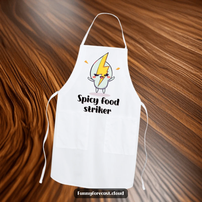 Funny apron with a lightning bolt character striking with a mischievous wink, for energetic cooking.