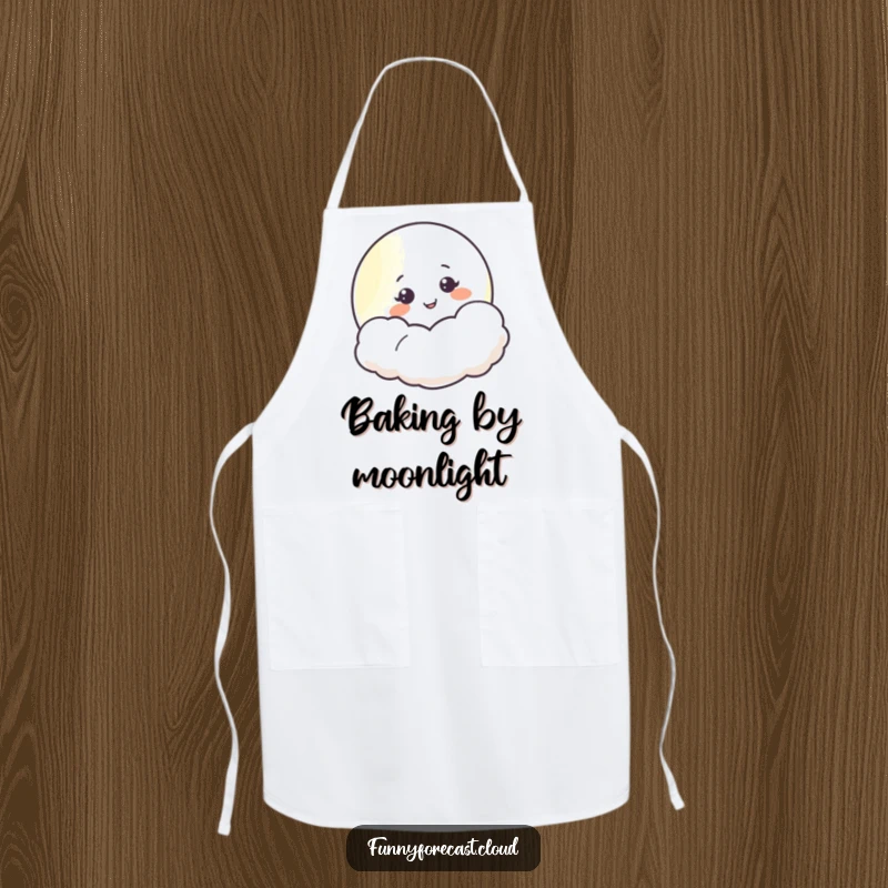 Funny moon smiling from behind a fluffy cloud, a charming and humorous apron designed for kitchen fun.