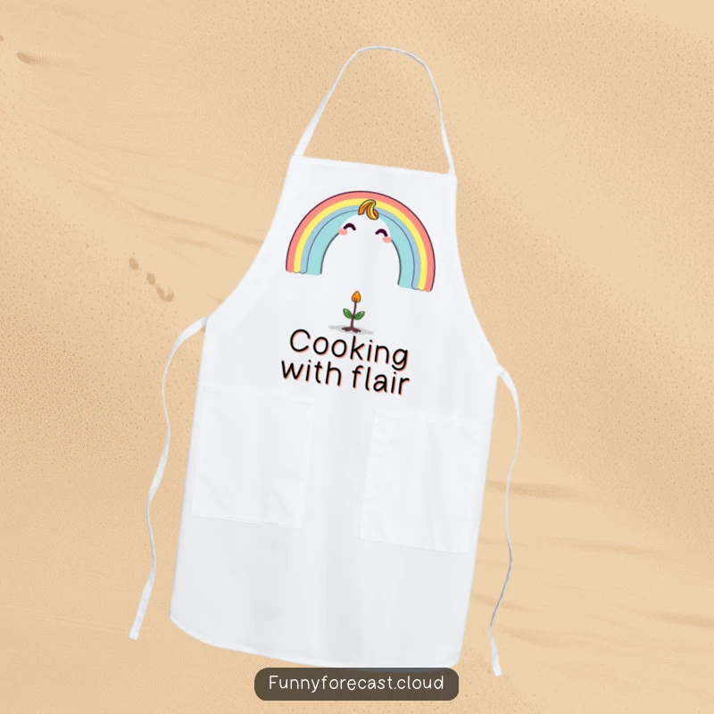 Funny apron featuring a vibrant rainbow character arching over a small, surprised sprout, designed for kitchen fun and protection.