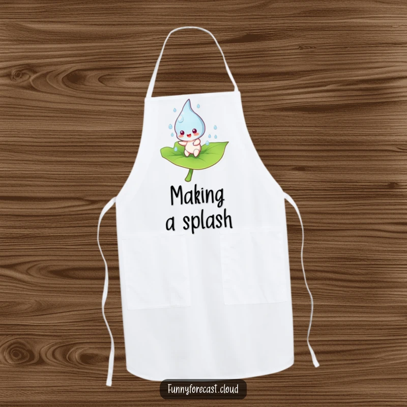 Funny raindrop character cheerfully bouncing on a leaf, featured on a practical and stylish cooking apron.