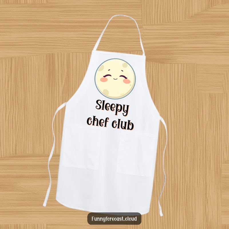 Funny Sleepy Moon Apron adorned with a drowsy, satisfied moon character, bringing a humorous and peaceful vibe to the kitchen.