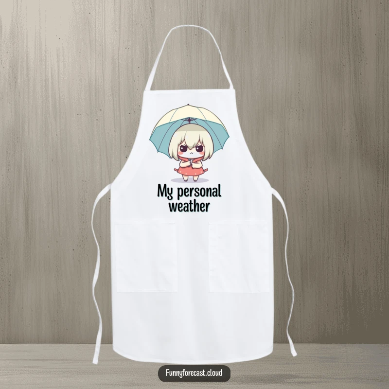 Funny Smug Umbrella Apron showing a character looking dry and smug under an umbrella, a humorous and practical kitchen accessory.