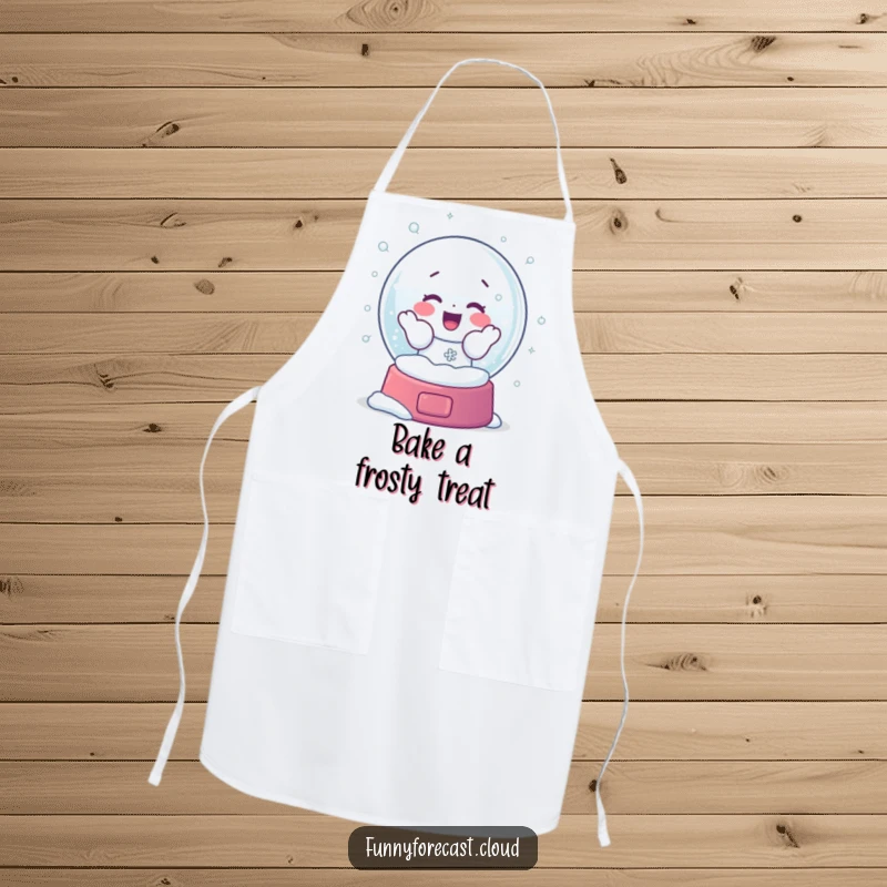 Funny apron with a snow globe character energetically shaking, releasing snowflakes with frosty glee, designed for kitchen fun.