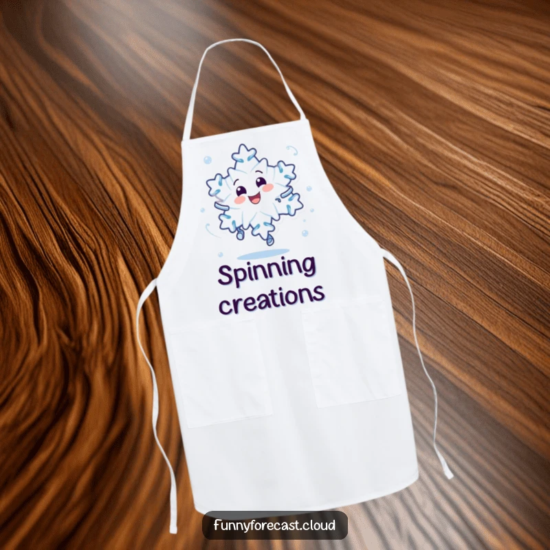 Funny apron with a dizzy, delighted snowflake character, perfect for adding humor and protection during kitchen adventures.
