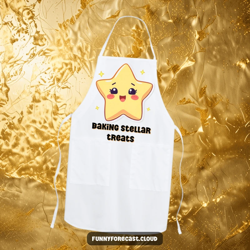 Funny kitchen apron featuring a twinkling star character with an excited sparkle, ready for kitchen magic.