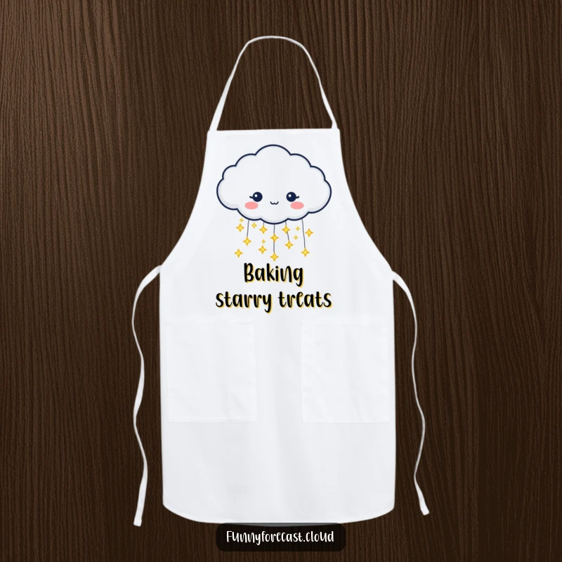Funny apron with a rain cloud character pouring tiny, glittering stars instead of rain. Magical kitchen wear.