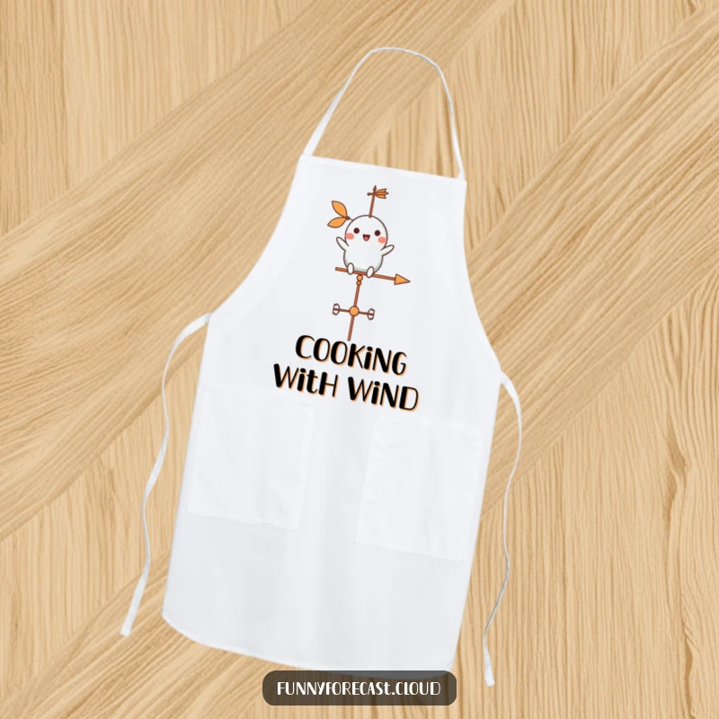 Funny weather vane character cheerfully spinning in a gentle breeze on a kitchen apron, for cheerful cooks.
