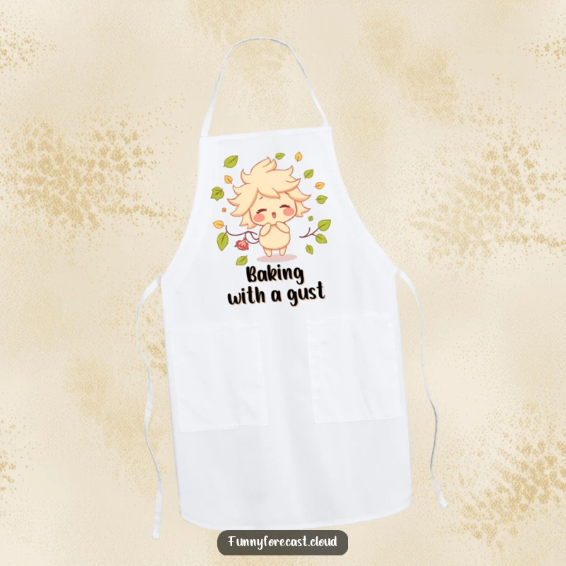 Funny apron depicting a cheerful wind character with rosy cheeks, playfully scattering colorful leaves while guarding the wearer's clothes.