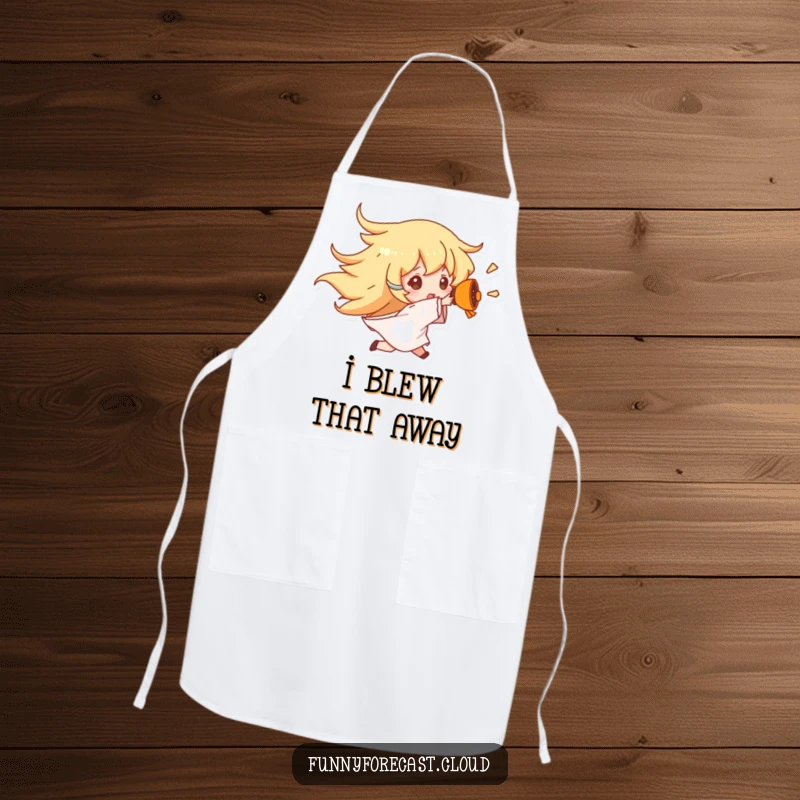 Funny Wind Gust Apron showing a character being comically blown away by wind, a humorous way to protect clothing while cooking.