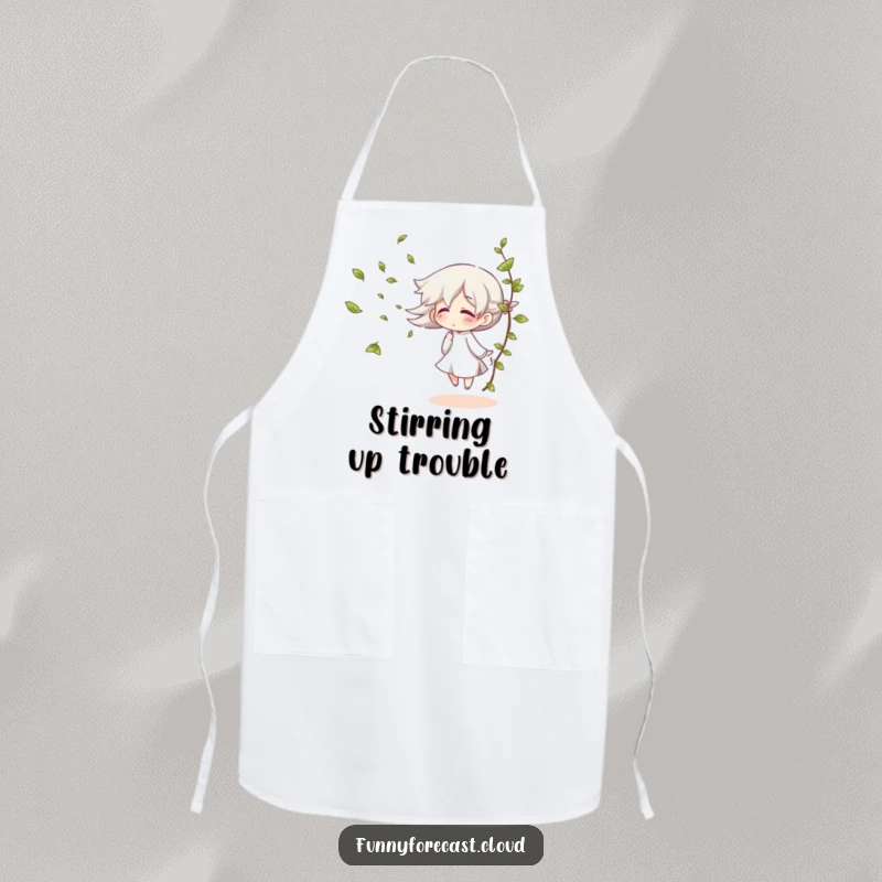 Funny apron with a giggling wind character blowing leaves, for playful cooking.