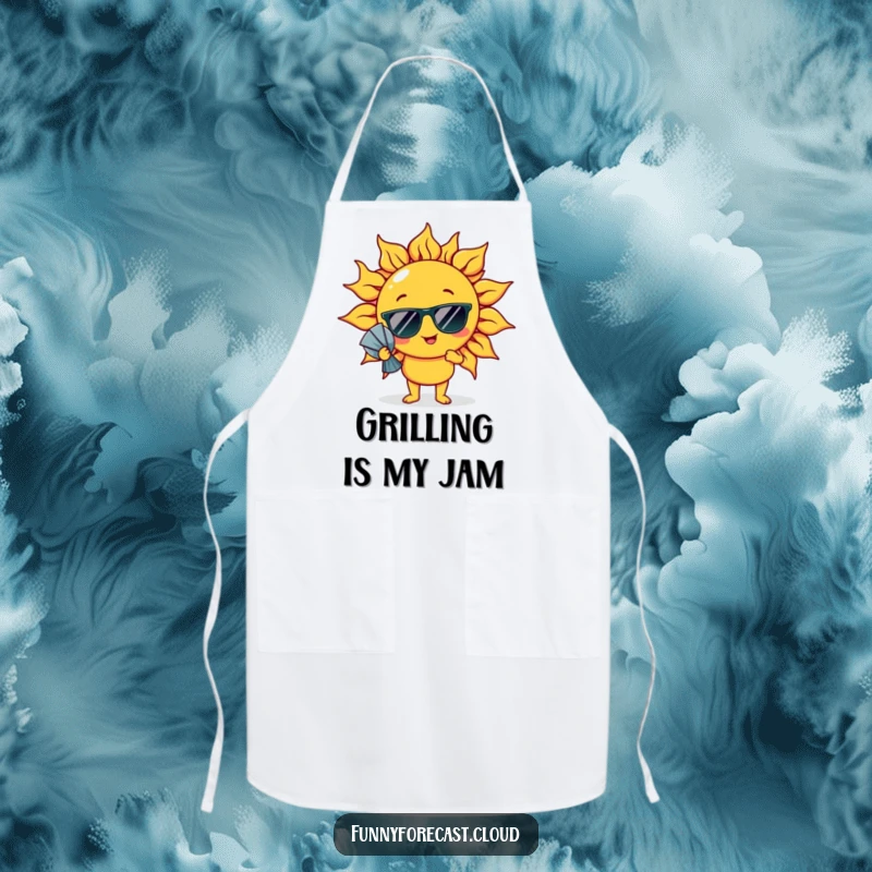 Funny Apron: A sun character wearing sunglasses, comically fanning itself, great for cooking.
