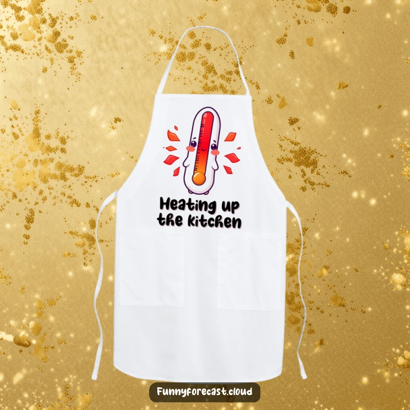 Funny kawaii thermometer apron, character blushing bright red from kitchen heat, adorable and humorous cooking accessory.
