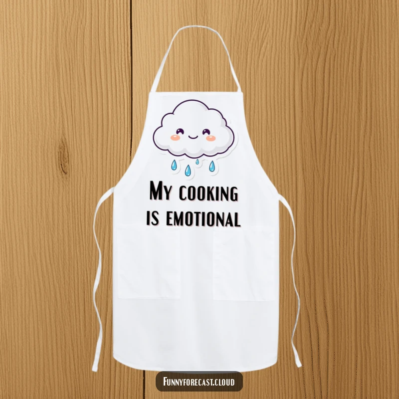 Funny small fluffy kawaii cloud shedding happy tears of rain on this cute apron, a cheerful funny gift.