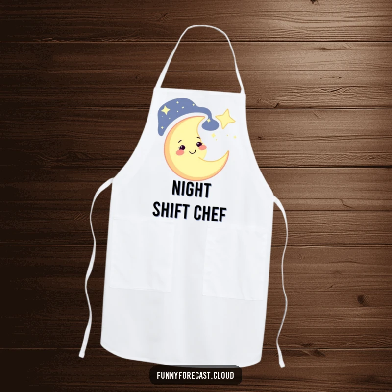 Funny winking crescent moon apron, perfect for chefs and bakers, adding celestial humor to kitchen duties, a funny gift.