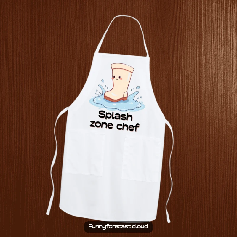 Funny Apron: A cheerful rain boot happily splashing in a puddle, ready for kitchen adventures.