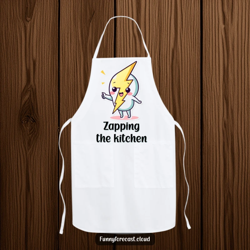 Funny cute lightning bolt character striking a whimsical zig-zag on a kitchen apron, for energetic chefs.
