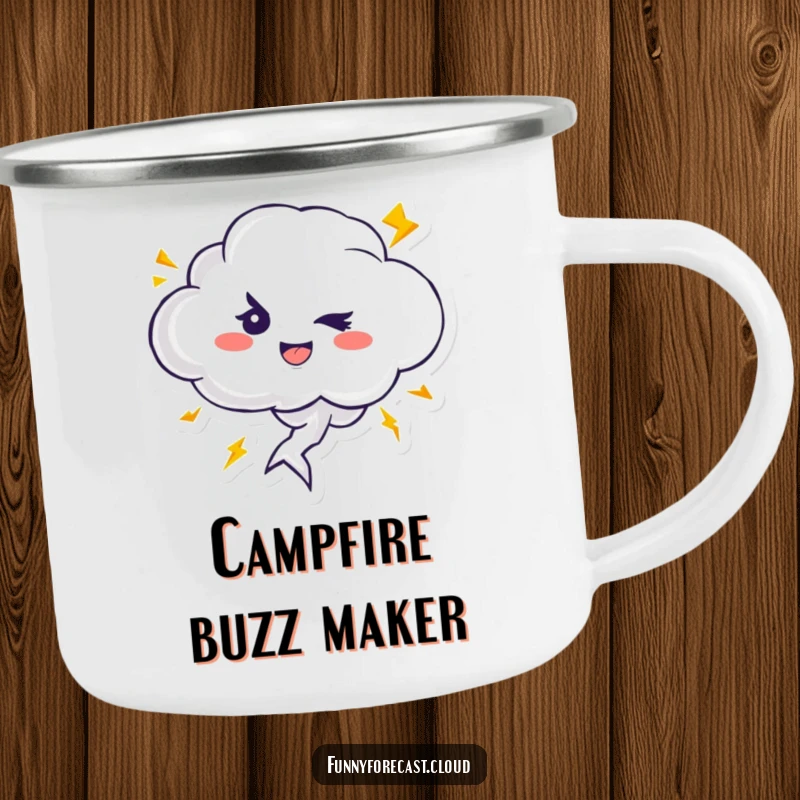Funny camping mug featuring a cute thundercloud character winking, with playful lightning bolts zipping around, ideal for outdoor use.