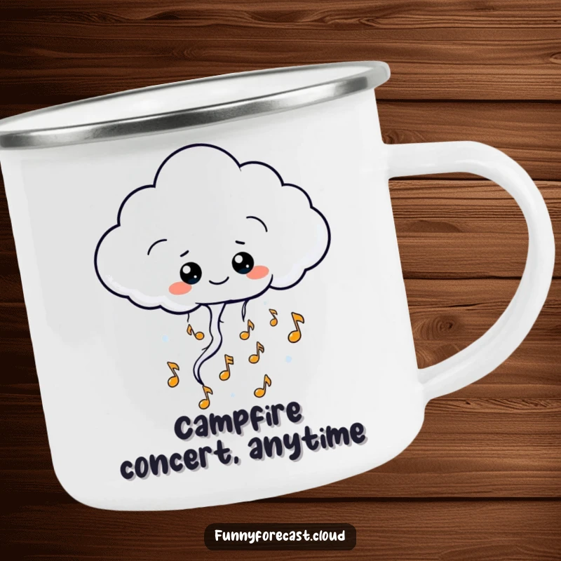 Funny kawaii thundercloud character camping mug, releasing happy musical notes, durable and humorous outdoor mug.