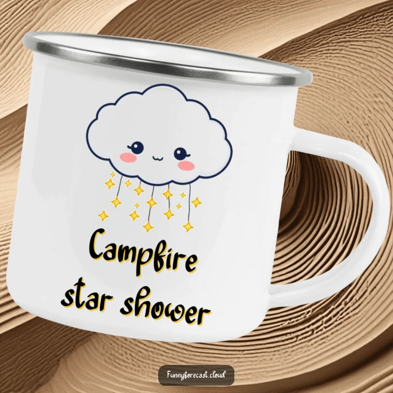Funny camping mug with a rain cloud character pouring tiny, glittering stars instead of rain. Magical outdoor gear.