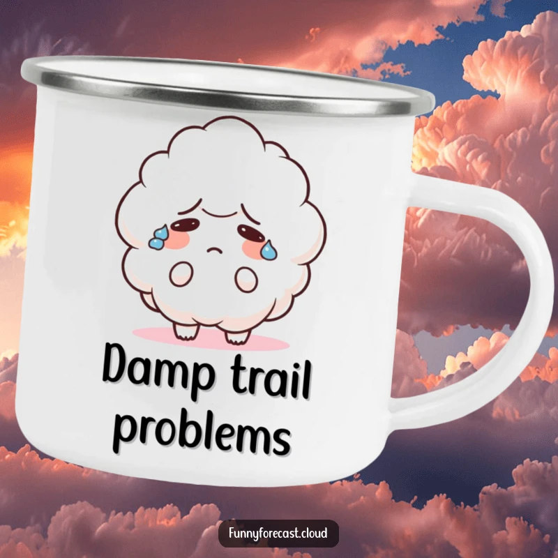 Funny camping mug with a cute cloud character sweating heavily and looking confused, perfect for enjoying drinks outdoors with humor.