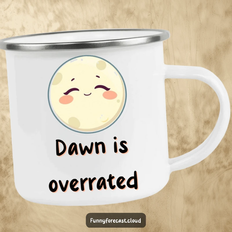 Funny Sleepy Moon Camping Mug showcasing a drowsy, satisfied moon character, ideal for outdoor enthusiasts who appreciate humor.