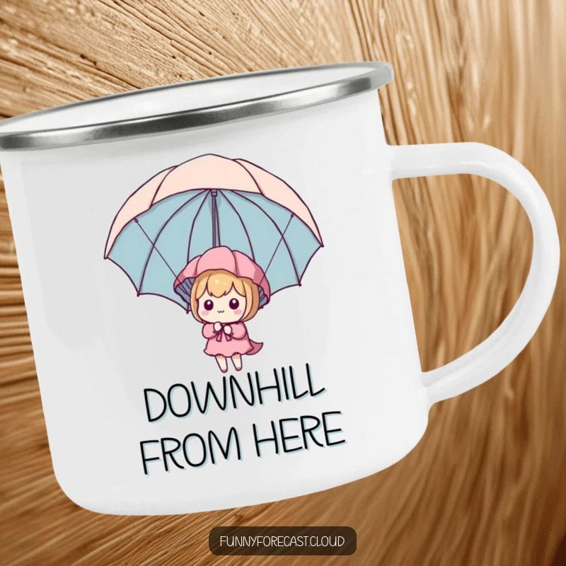 Funny Kawaii Parachute Camping Mug depicting a character using an umbrella as a parachute, great for outdoor use.