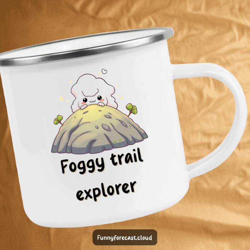 Funny camping mug: A mischievous fog creature peeking from behind a hill, ready for outdoor adventures.