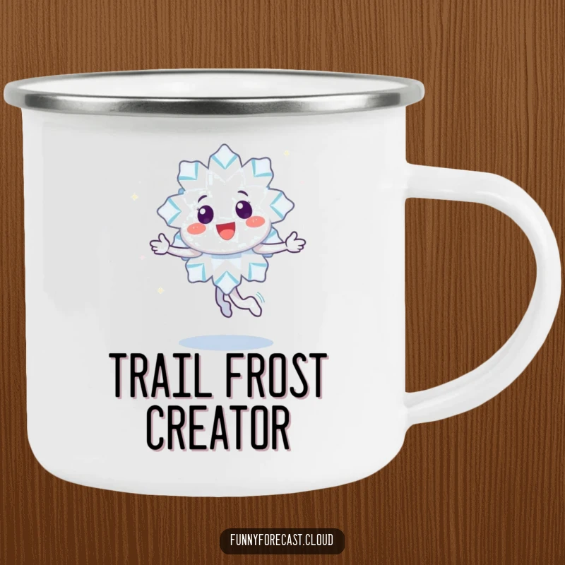 Funny camping mug featuring a happy snowflake character doing a joyful twirl, leaving a trail of sparkles, ideal for outdoor use.