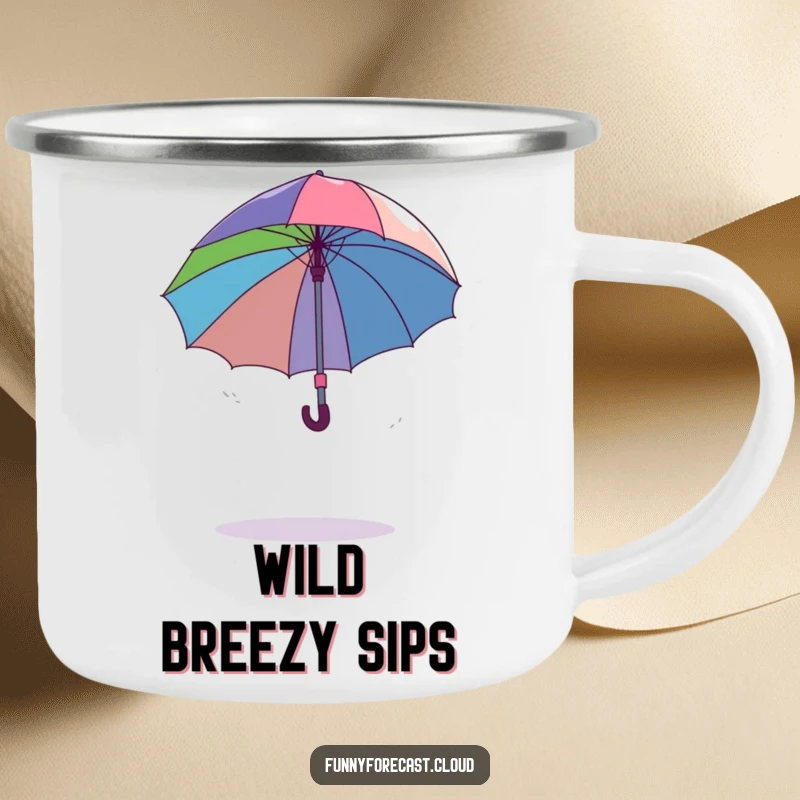 Funny dancing umbrella comically spinning out of control in a gentle breeze, a humorous and rugged camping mug.